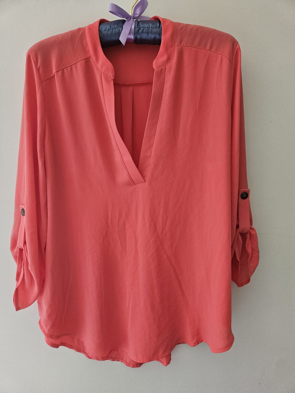 Lush Coral Split-Neck Roll-Sleeve Blouse Size Medium - Picture 2 of 7